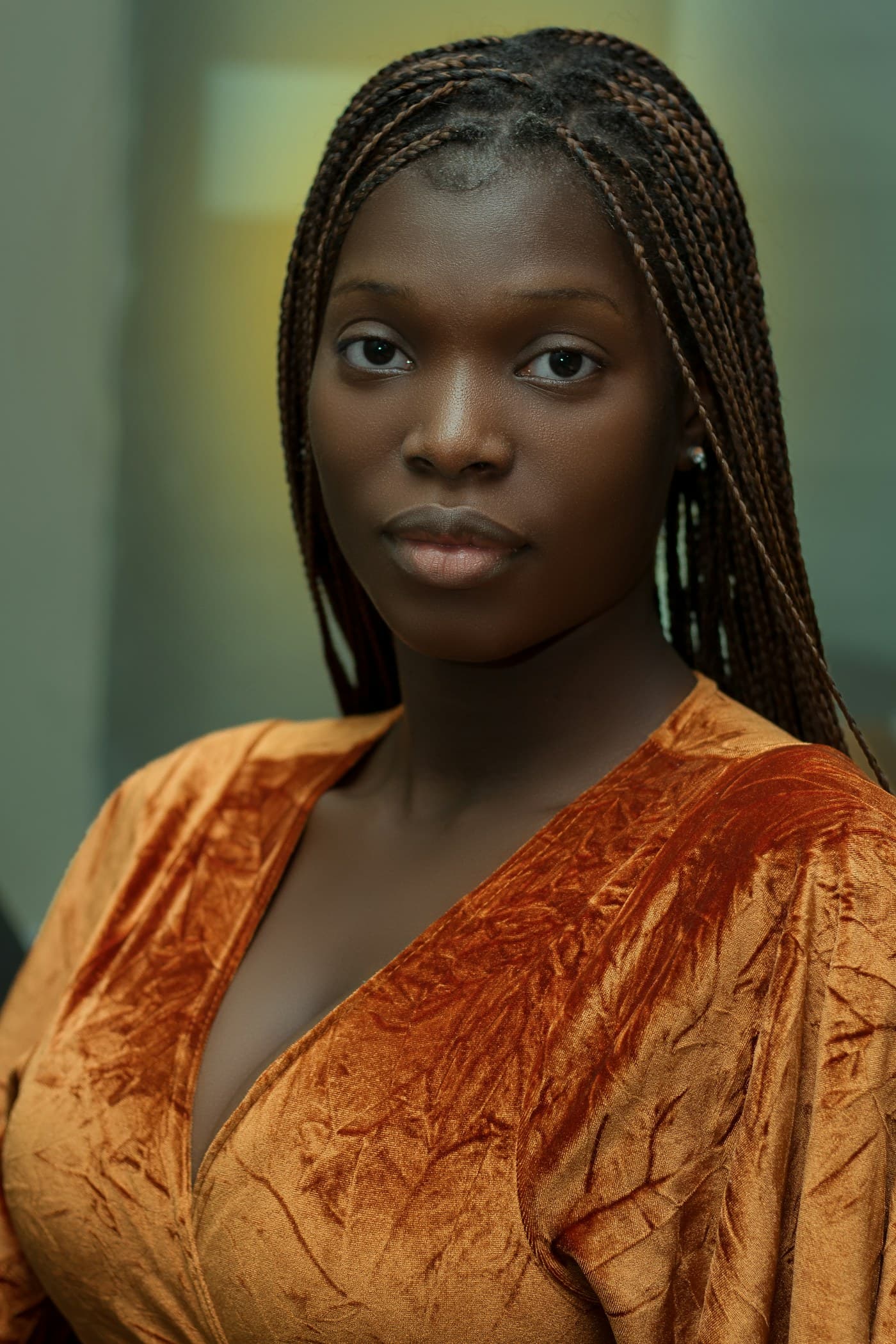 Woman with long braids in a rust velvet top